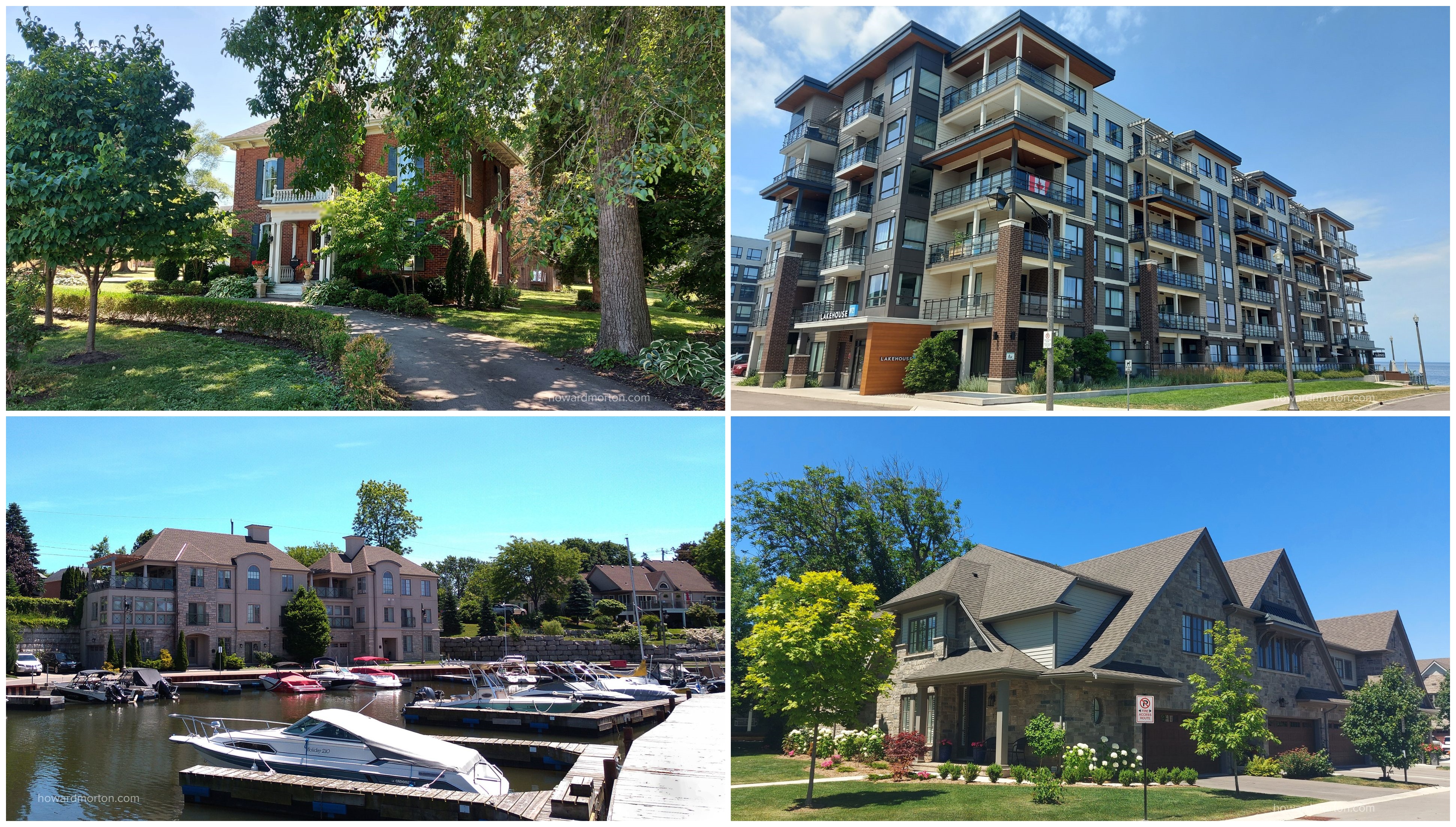 Grimsby Ontario housing styles: heritage home, lakefront condo and two types of townhouses.